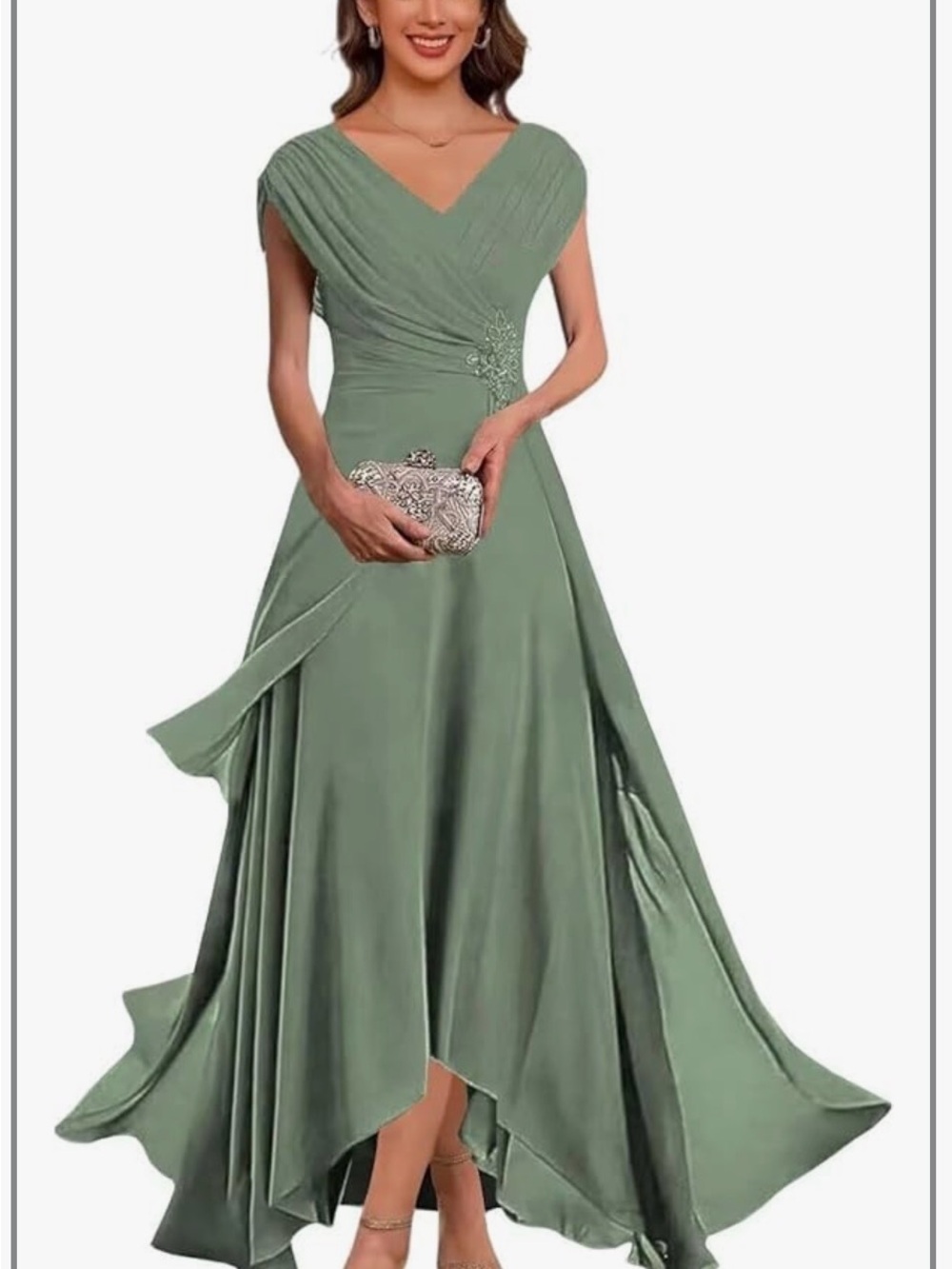 Dusty Sage High-Low V-Neck Evening Gown